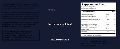 Faywick No. 01 Evening Ritual label with Supplement Facts
