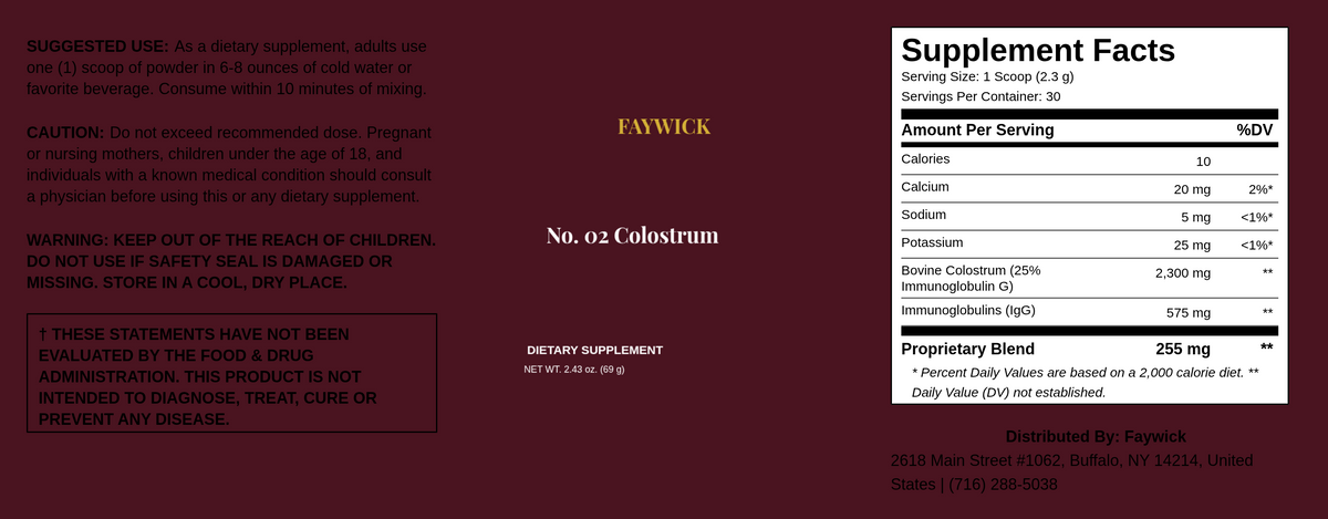 Faywick No. 02 Colostrum label with Supplement Facts