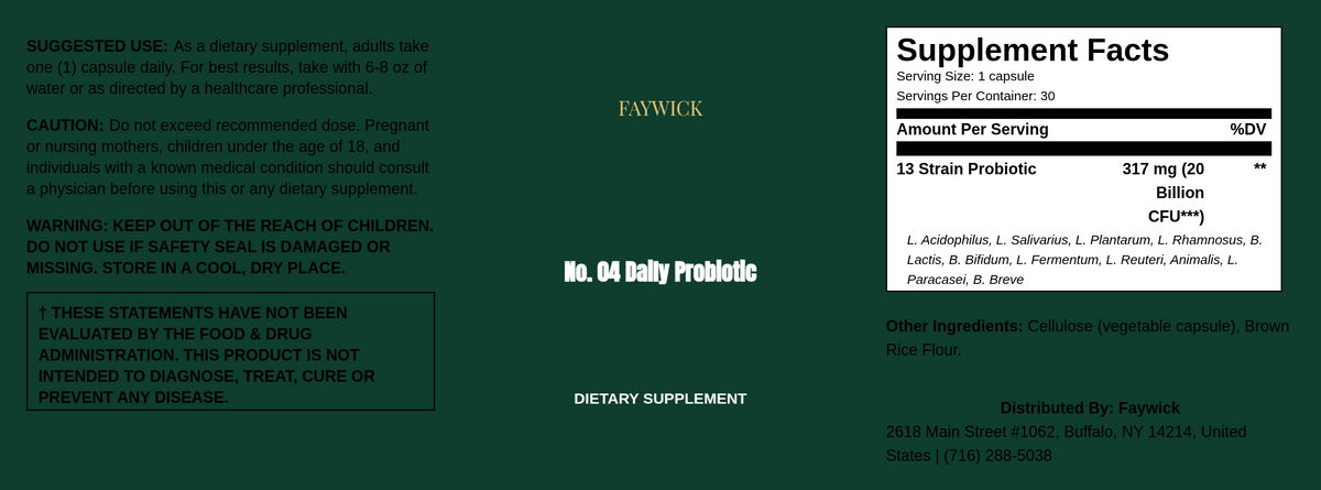Faywick No. 04 Daily Probiotic label with Supplement Facts