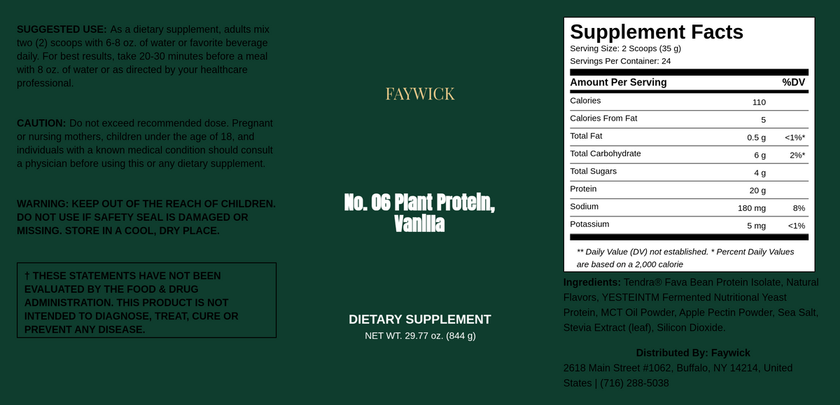 Faywick No. 06 Plant Protein, Vanilla label with Supplement Facts