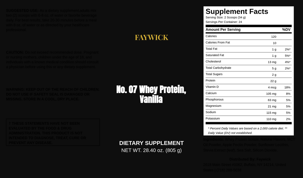 Faywick No. 07 Whey Protein, Vanilla label with Supplement Facts