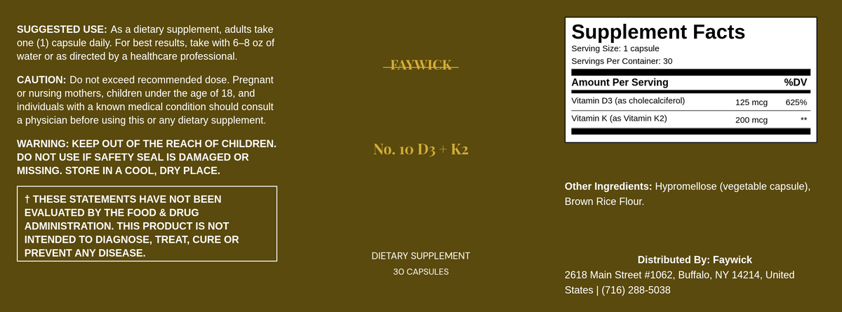 Faywick No. 10 D3 + K2 label with Supplement Facts