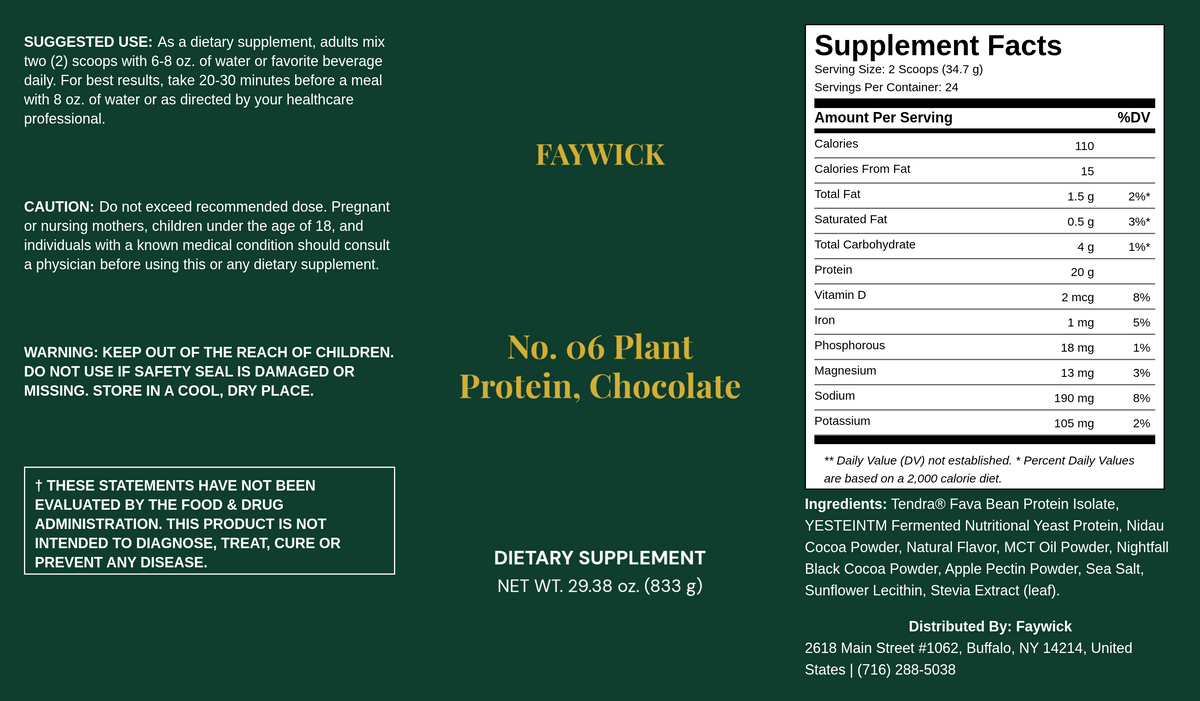 Faywick No. 06 Plant Protein, Chocolate label with Supplement Facts