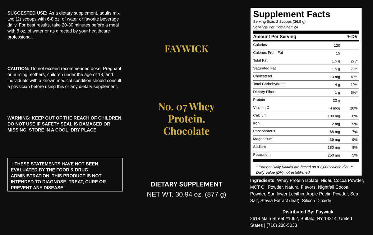 Faywick No. 07 Whey Protein, Chocolate label with Supplement Facts