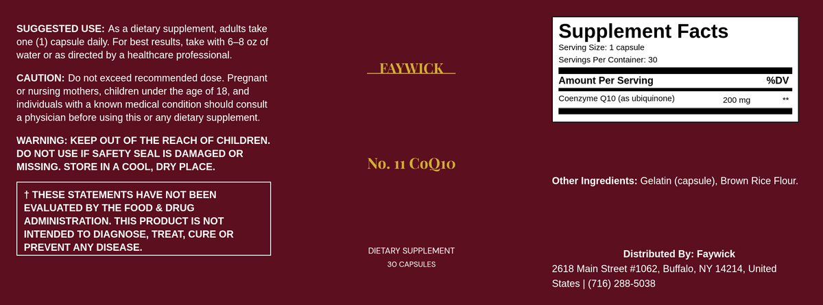 Faywick No. 11 CoQ10 label with Supplement Facts