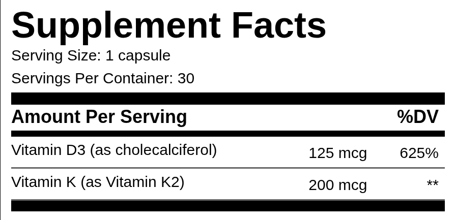 No. 10 D3 + K2 Supplement Facts